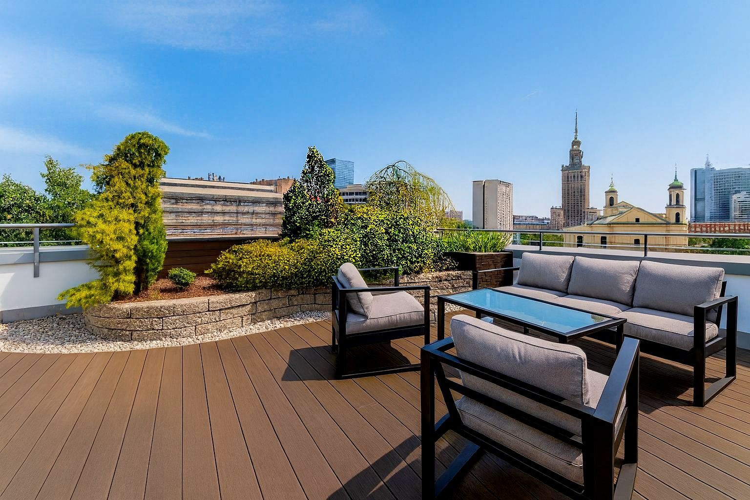 Rooftop terrace with Palace of Culture view luxury apartments Warsaw city centre